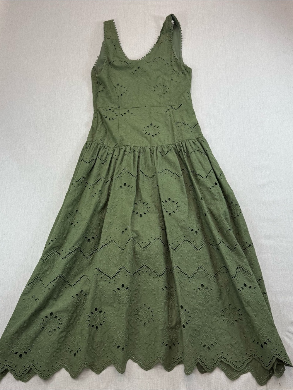House Of Harlow 1960 Drop Waist Eyelet Faux Button Front Dress Olive Green Sz 6 - Picture 14 of 14